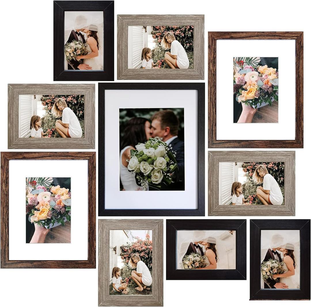 SESEAT Picture Frames Collage, Gallery Wall Frame Set with 11x14 8x10 5x7 4x6 Frames in 3 Different Finishes, Set of 10 (Black&Rustic Brown&Light Brown)