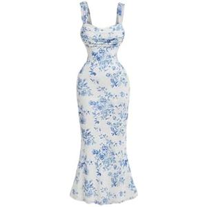 GORGLITTER Women's Floral Ruched Bodycon Summer Wedding Guest Dress Mesh Fishtail Cocktail Midi Sun Dresses 2025 Small