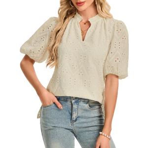 Women's V Neck Blouses Dressy Casual Puff Short Sleeve Shirts Hollow Summer Tops Business Women, L (White)
