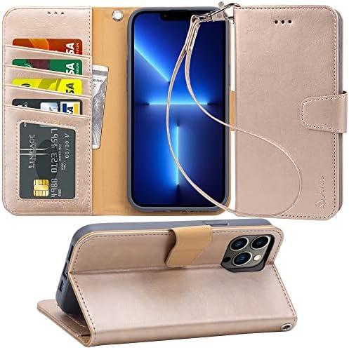 Arae Compatible with iPhone 13 Pro Max Case Wallet Flip Cover with Card Holder and Wrist Strap for iPhone 13 Pro Max 6.7 inch (Champagne Gold)