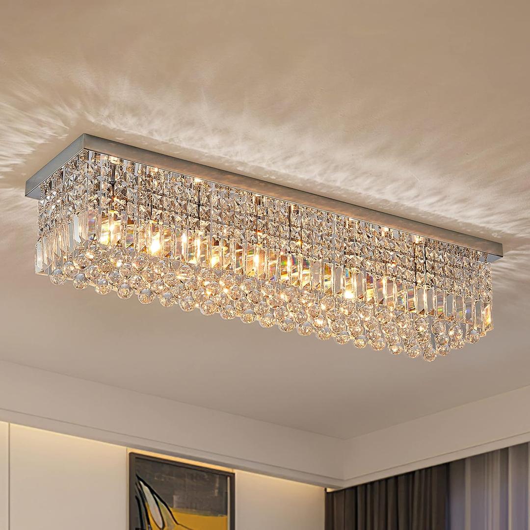 7PM Chandeliers for Dining Room, Crystal Ceiling Light Rectangle Crystal Chandelier Flush Mount for Living Room 40"x10"x10", L40"