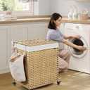SONGMICS Laundry Hamper with Lid, 38.3 Gallons (145 L), Rolling Laundry Basket with Wheels, 2-Section Synthetic Rattan, Removable Liner, Bedroom, 21.7 x 15.7 x 26 Inches, Natural Color ULCB262Y01