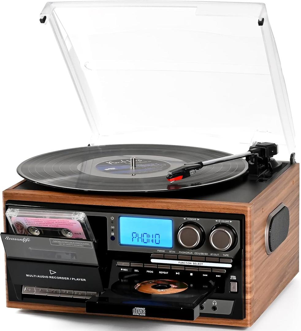 Record Player Built-in Speakers 10 in 1 Vintage Turntable with CD Cassette Tape Player AM FM Radio Function 3 Speed BT Input Output LP Player Support USB SD AUX RCA Playback Auto Stop Retro Wood Brown