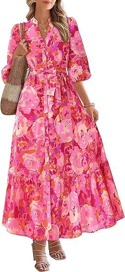 MASCOMODA Womens Floral Maxi Dresses Boho Summer Casual V Neck 3/4 Puff Sleeve Button Down Tie Waist Long Flowy Shirt Dress Size M, Rose Red Flower