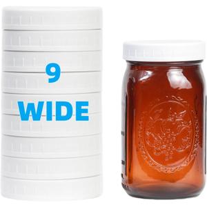 9 Pack Upgraded White Wide Mouth Mason Jar Lids with Silicone Rings, for Ball, Kerr and More,86mm White Plastic Storage Caps for Mason/Canning Jars - Leak-Proof, Dishwasher Safe & Food Grade