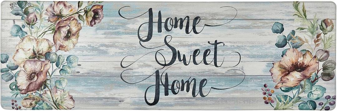 Home Dynamix Cozy Living Home Sweet Home Floral Runner Anti-Fatigue Kitchen Mat, Non-Slip Floor Mat, Padded Standing Desk Mat, Grey/Blue, 17.5"x55"