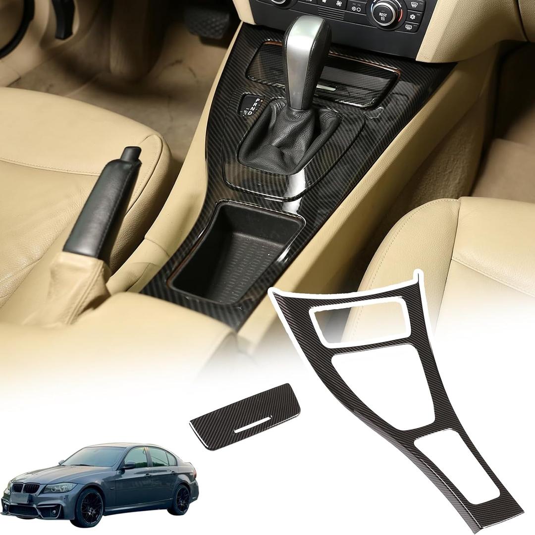 Car Center Console Gear Shift Panel Cover Compatible with BMW 3 Series 2005-2012 E90 E92,ABS Control Gear Box Shift Knob Panel Frame Molding Cover Interior Accessories 2PCS (Carbon Fiber Pattern)