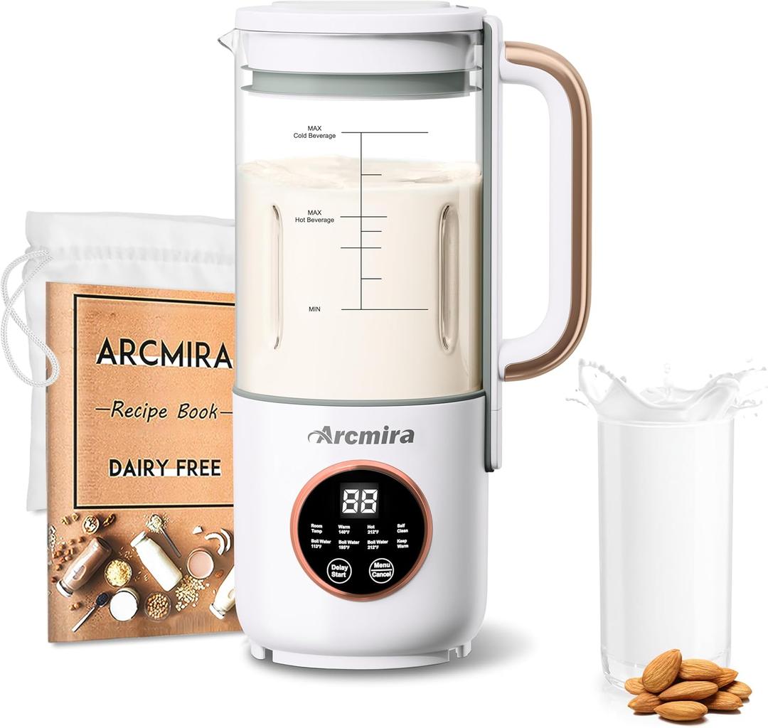8 in 1 Automatic Nut Milk Maker, 35 oz(1000ml) Homemade Oat, Soy, Plant-Based and Dairy Free Beverages, Almond Milk Maker with Delay Start/Keep Warm/Boil Water, Soy Milk Maker with Nut Milk Bag (White)