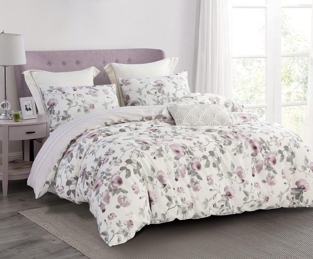 SLEEPBELLA Comforter Queen Size, 600 Thread Count Cotton White Print with Purple Flowers Reversible Comforter Sets, Down Alternative Bedding Set 3Pcs(Queen, Purple Floral)