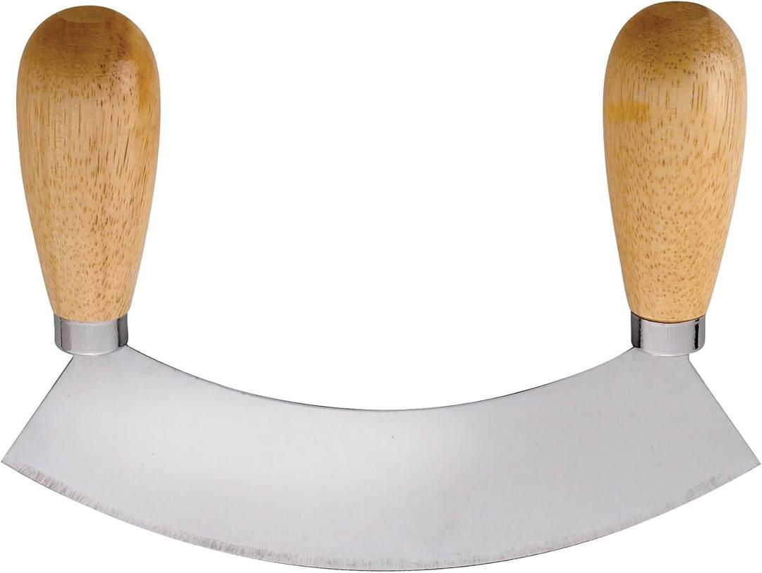 HIC Kitchen Mezzaluna Rocking Chopper And Mincing Knife With Double Handles, Stainless Steel, Rubberwood, For Herbs Vegetables Nuts And More