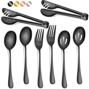 Patelai 8 Pcs Black Stainless Steel Serving Utensils Set 8.7" Large Spoons and Slotted Spoon 9.45" Tong 9" Forks Flatware Wedding Valentine's Day Holiday Party Buffet Banquet Cooking Kitchen Catering