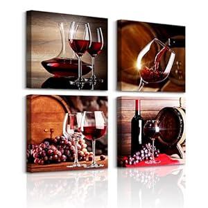 Lapremoly Dining Room Wall Decor Canvas Art for Kitchen - 4 Piece Wine Glass Painting - Modern Still Life Frame Pictures for Bar, Restaurant - Vintage Home Decor Ready to Hang by Lapremoly,  Size: 16L" x 16W"