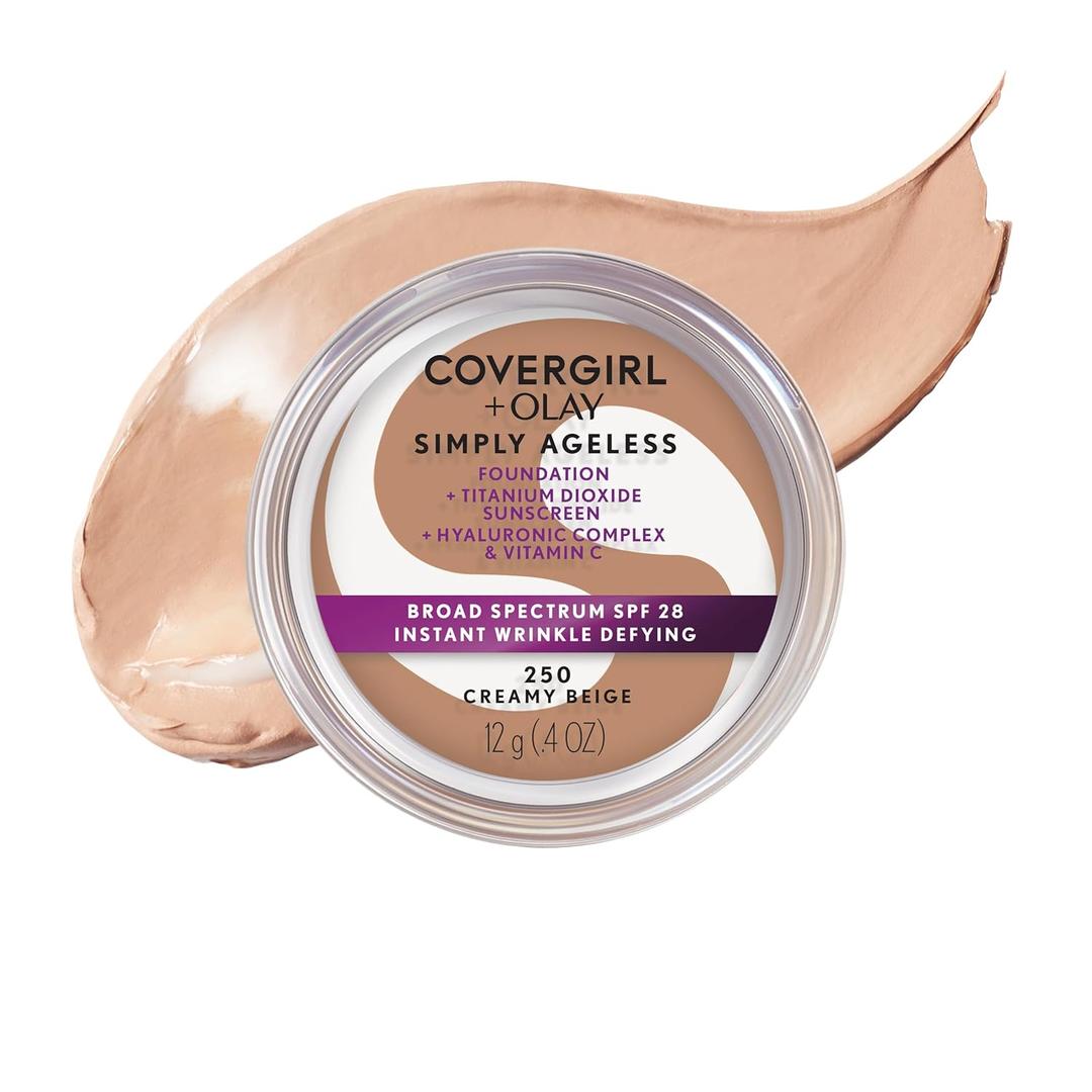 COVERGIRL Simply Ageless Instant Wrinkle Defying Foundation, SPF 28, Hyaluronic Complex & Vitamin C - 250 Creamy Beige, Pack of 1