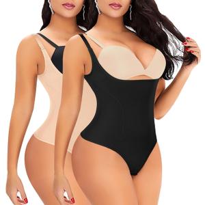 Thong Shapewear Bodysuit for Women Tummy Control Open Bust Body Shaper Slimmer Shaping Thong (Small, #1 Black+beige(mix Pack))