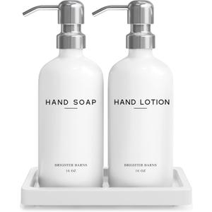 White Glass Soap and Lotion Dispenser Set by Brighter Barns - Bathroom Soap Dispenser Set Tray - Liquid Hand Soap Dispenser Pump - Modern Bathroom Accessories for Guest, Hotel, Spa, Restaurant (White) (Silver Sl)