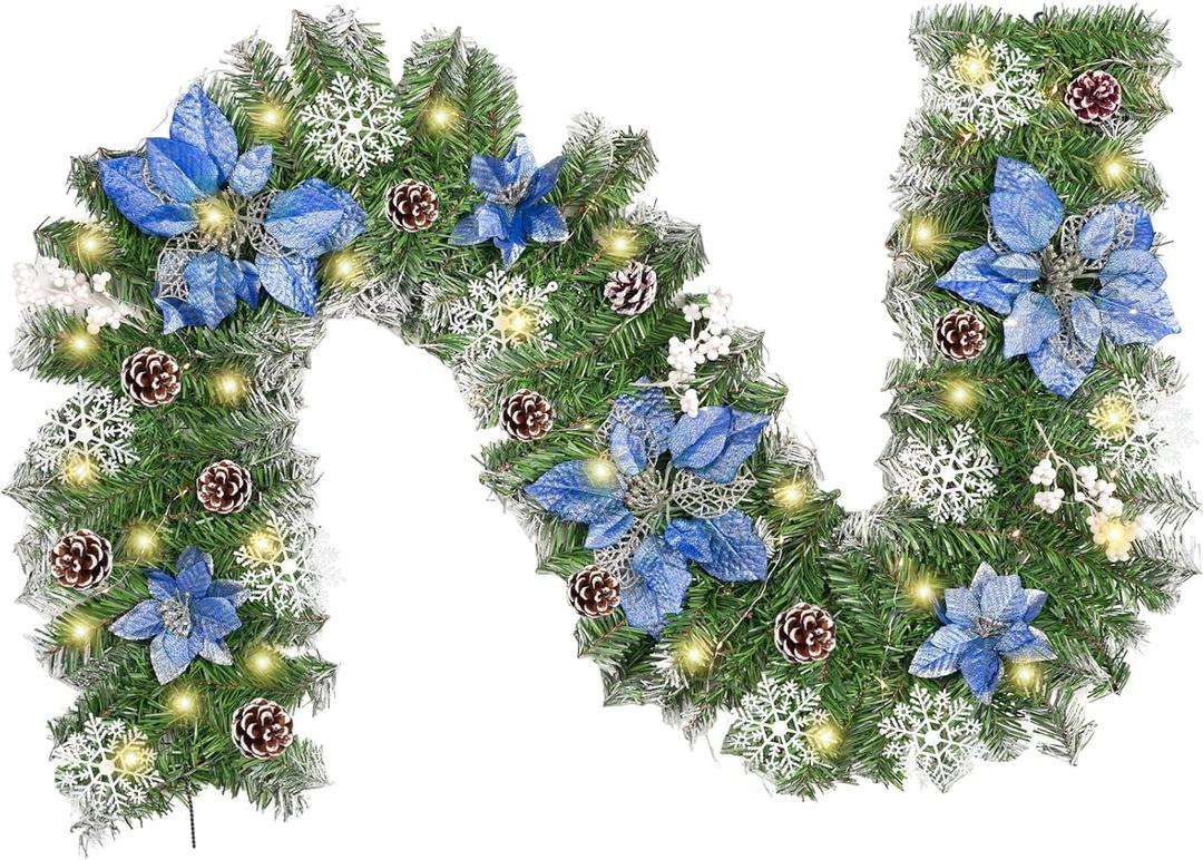 Pre-Lit 6FT Christmas Garland with Blue Flower LED Lights Pine Cones Berry Clusters Pine Needles Decorated Xmas Garland Decoration for Front Door Fireplace Table Centerpiece Home Holiday Supplies