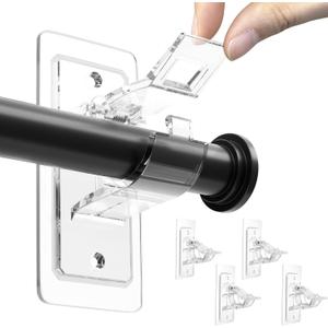 ANDGOO 4 Pack No Drill Curtain Rod Brackets, Holding Up to 17 lbs, PET Self Adhesive Curtain Rod Holders, Adjustable Nail Free Curtain Rod Hooks for Bedroom Bathroom and Living Room (Transparent)