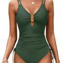BMJL Women's Tummy Control Swimsuits Ruched One Piece Bathing Suit Double Straps Deep V Neck Drawstring Swimsuit (Medium, Green)