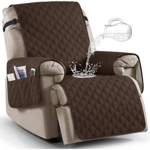 Ruaozz 100% Waterproof Recliner Chair Covers, Non-Slip Reclining Covers for Recliner Chair Washable Chair Cover, Recliner Covers with Pockets for Kids, Dogs, Pets (Dark Brown, 28'')