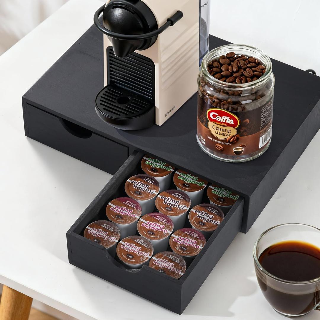Wooden K Cup Organizer Coffee Pod Storage Box, Coffee Pod and Tea Bag Holder,Kcup Drawer Coffee Maker Stand,Home Kitchen Counter Holds Up to 30 Pods Capacity (2 Drawer) (Elegant Black)