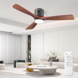 52" Ceiling Fan with Lights and Remote, Flush Mount, Brushless DC Motor, Reversible, 3 Solid Wood Blades, 6 Speeds, Quiet, Stepless Dimming, Indoor/Outdoor for Bedroom Patio