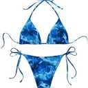 BEAUDRM Women's 2 Piece Bikini Set Bathing Suit Floral Tie Halter Triangle High Cut Thong Ring Swimsuit Size Small