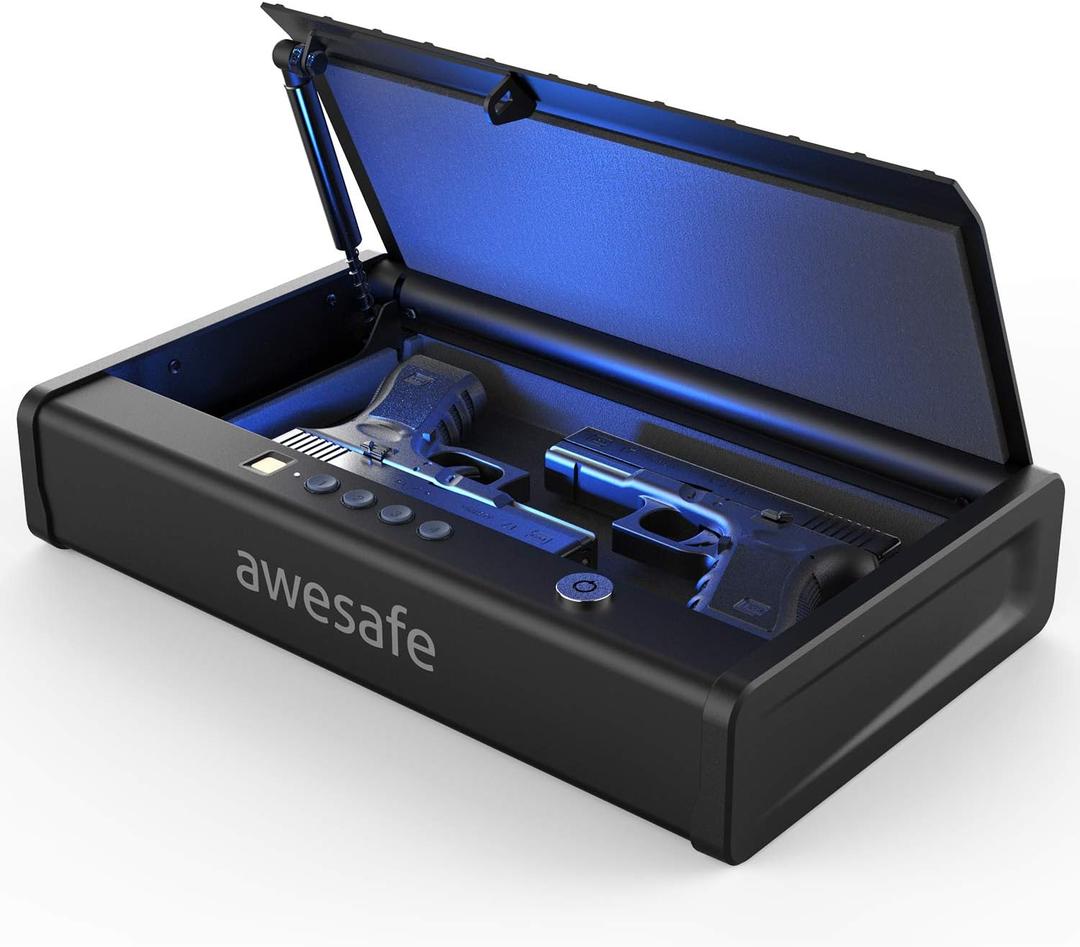 awesafe Biometric Safe for Handgun & Pistol Safe, Quick Access Handgun Safe, Portable Small Car Safe with Fingerprint, 4Button Keypad, KEY Access for Nightstand, Bedside,Vehicle