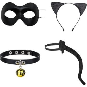 Black Cat Costume - 4PCS Ears, Tail, Eye Cover, Bell Choker - Cartoon Cat Cosplay for Kids & Adults Age 8-50