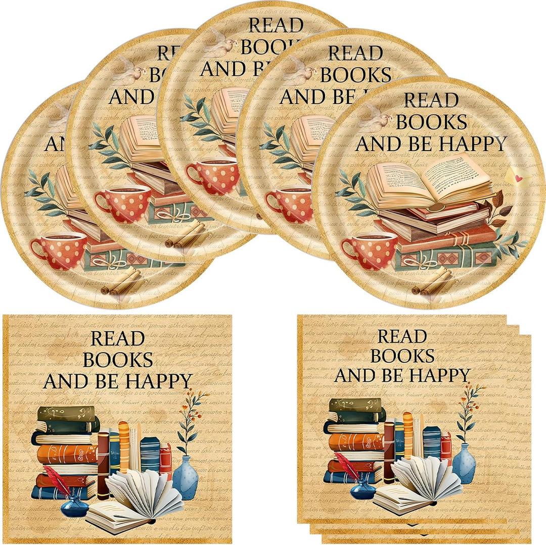 Book Birthday Party Supplies, include 20 Plates and 20 Napkins, for Vintage Book Club Library Reading Party Decorations