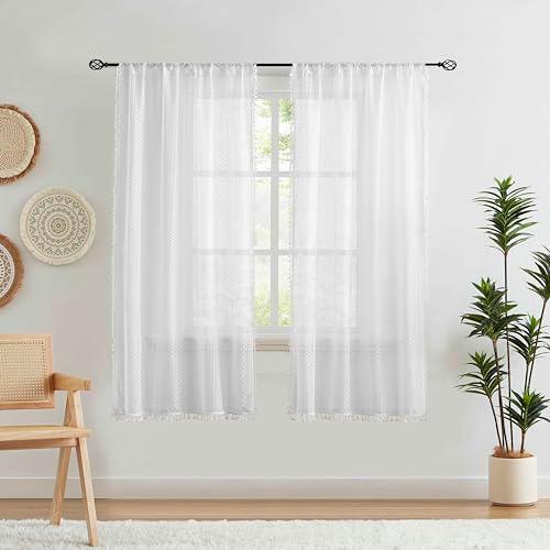 ZJDECOR White Lace Sheer Curtains 63 Inch Length Boho Geometric Pattern Curtains with Tassel 2 Panels Set for Living Room Bedroom, Rustic Linen Rod Pocket Window Treatment Drapes, 40"x63"x2