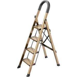 Lightweight Aluminum 4 Step Ladder Folding Step Stool Stepladders with Anti-Slip and Wide Pedal for Home and Kitchen Use Space Saving (Brown Gold)