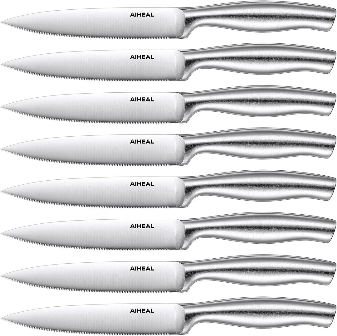 Aiheal Steak Knives, Stainless Steel Steak Knives Set of 8, Never Needs Sharpening Dinner Steak Knife Set, Sharp Micro Serrated Knives