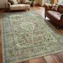 Washable Rug 4x6, Sage Green Area Rugs Non Slip, Indoor Low Pile Carpet with Rubber Backing for Living Room Kitchen Bathroom Entryway Office Bedroom (Green/Light Brown)