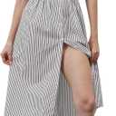 calbatic Women Striped Button Down Pleated Shirt Dress Summer Short Sleeve Ruffle A Line Swing Long Blouse Midi Long Dress (XL)
