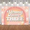 Young Wild and Three Backdrop Girl's 3rd Birthday Party Background Rainbow Daisies Pink Birthday Backdrop 70s Theme Party Decoration Supplies (7x5ft)