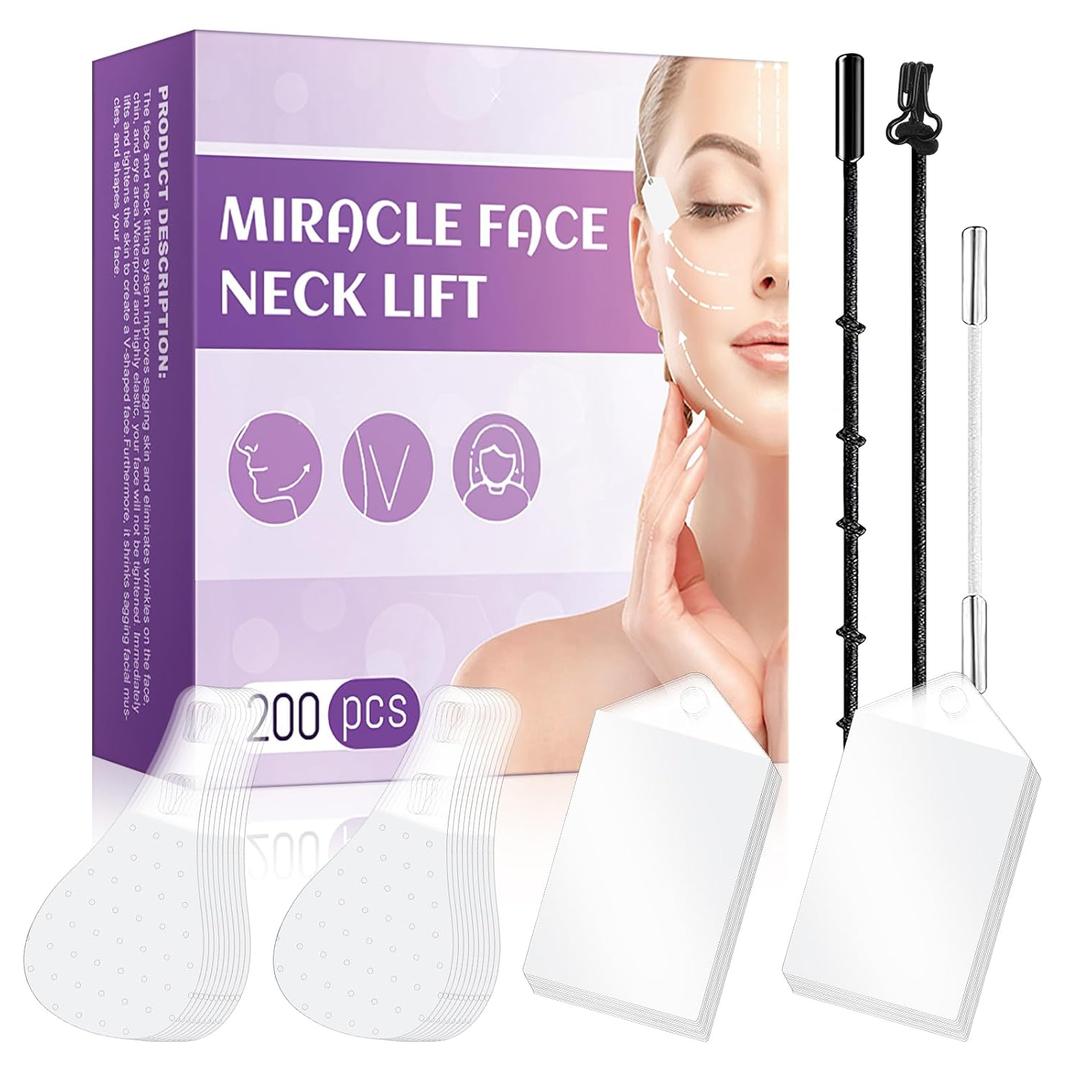 Face Lift Tape 200PCS Bands Instant Facelift Tape for Wrinkles, Double Chin, and Sagging Skin Waterproof & Transparent Lifting Tapes with Elastic Bands (200PCS)