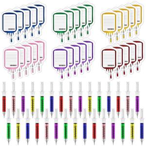 30 Sets Syringe Pens Set Includes 30 Fun Nurse Pens 30 Blood Bag Sticky Notes Black Ink Ballpoint Pen Retractable Novelty Pen for Nurses Student School Supplies Doctor Play Halloween Party Favor