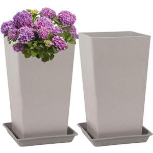Neoaider Set of 2 Tall Planter, 21 inch Large Plastic Planter with Drain Hole & Saucers, Large Outdoor Planters for Porch, Garden, Patio, Balcony(Light Gray)