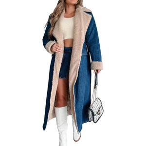 yoeasy Womens Warm Winter Sherpa Fleece Lined Long Denim Coat Windproof Thick Denim Trench Coat with Belt L