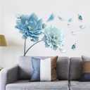 ROFARSO 49.2'' x 30.7'' 3D Blue Flowers Butterflies Wall Stickers Vinyl Removable Large Wall Decals Art Decorations Decor for Bedroom Living Room Office Study Room Murals