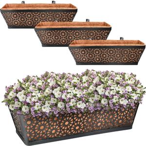 Halatool 24 Inch Window Box with Coco Liner, 4 Pack Sturdy Metal Flower Railing Planter with Coco Coir Basket Liners for Window Deck Fence Porch Balcony and Patio Outdoor Indoor Lawn