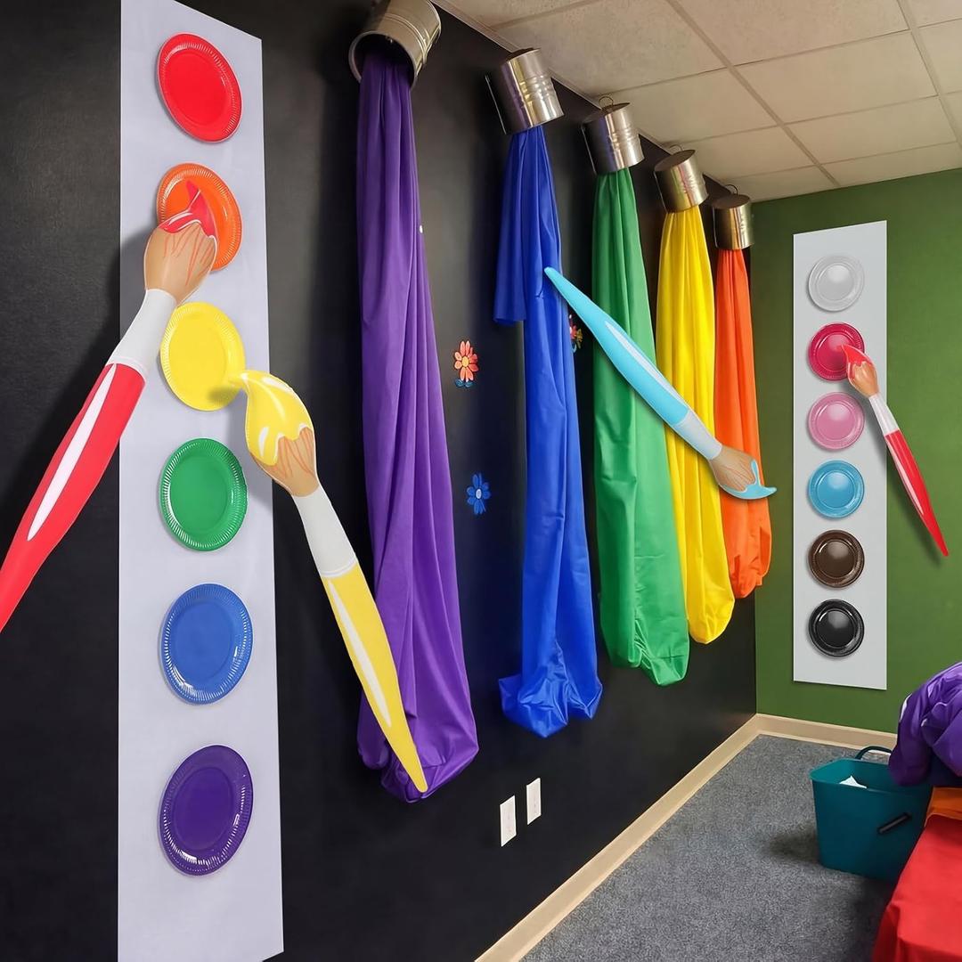 22 Pcs Giant 3D Painting Classroom Wall Decor 43.3 in Giant Inflatable Crayons Paint Strips Cloth Colored Paper Plates Palette Colorful Party Decorations DIY for School Classroom