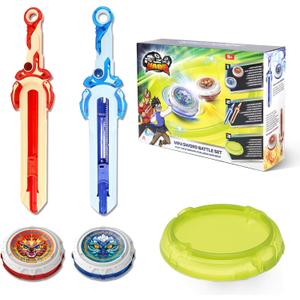 INFINITY NADO Battle top Set wth Arena, 2 mini Sword Launchers for Beginners, 2 Spinning Tops Game Toys, Attack Battle Set Starter Pack for Kids Boys Girls 5+