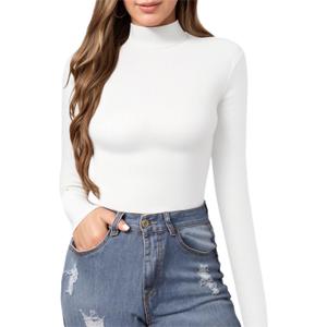 MANGOPOP Women's Mock Turtle Neck Slim Fit Long Sleeve Shirts Fall Fashion Tight Tops Basic Tee Winter Undershirt (02 White)