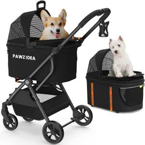 PAWZIDEA Pet Stroller 4 in 1, Dog Strollers for Small/Medium Dogs/Cats with Detachable Carrier NO-Zip Canopy, Seatbelt Puppy Car Seat Combo, Foldable & Lightweight Jogger Cat Strollers, Storage Basket (Black Warrior, Jogger Wheels)
