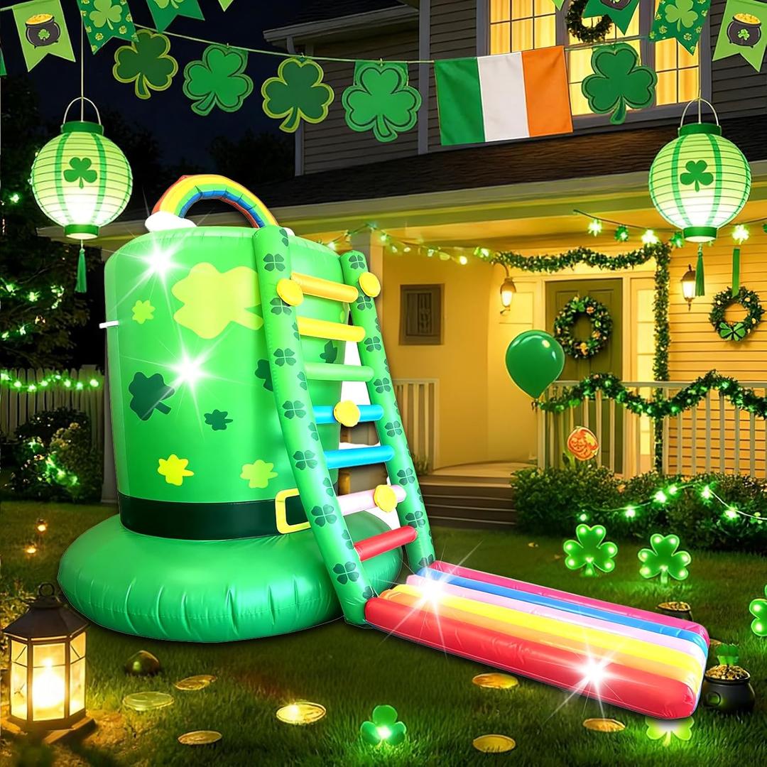 6ft St Patricks Day Inflatable Outdoor Decorations Blow Up Rainbow Leprechaun Trap with Gold Shamrock Ladder in LED Lights for St Patrick's Day Holiday Outdoor Lawn Yard Home Party Decor