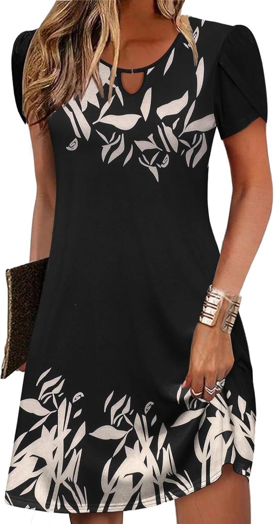 Zeagoo Women's Casual A-Line Dresses with Pockets Summer Floral Tshirt Dress Short Sleeve Mini Dress Flowy Sundresses, XL