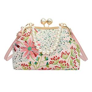 Vintage Embroidered Flower Handbag Retro Pearl Chain Crossbody Bag Clutch Kiss Lock Top Handle Shoulder Purse Wallet 2026