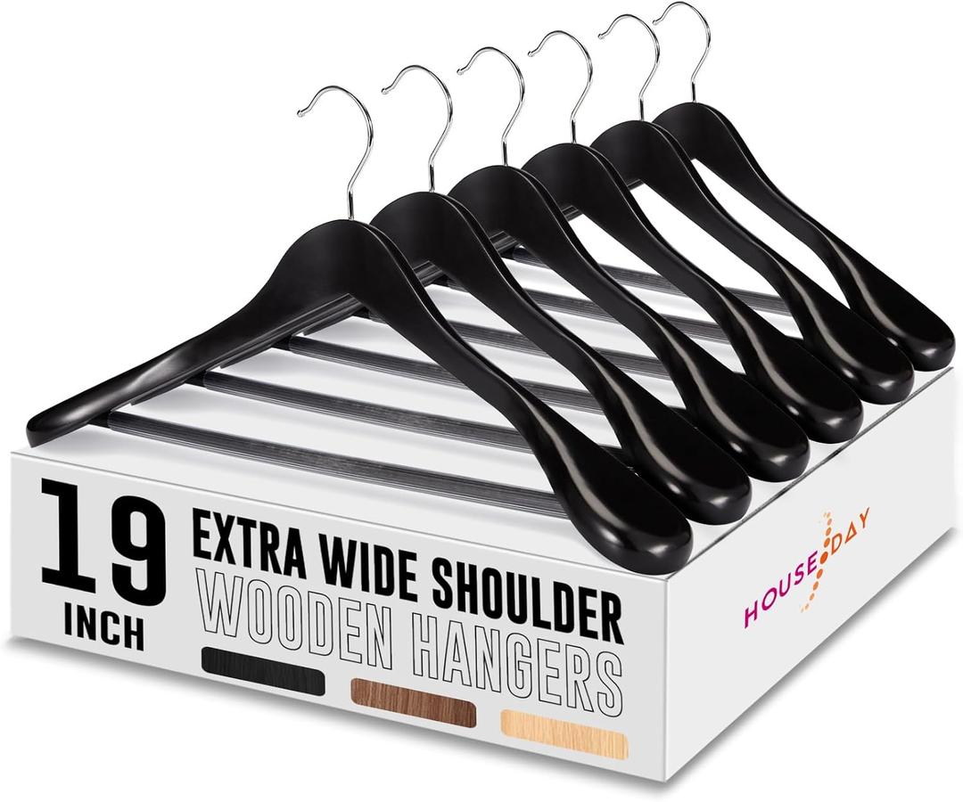 HOUSE DAY 19'' Extra Wide Shoulder Wooden Hangers 6 Pack, Premium Large Wood Suit Hangers with Non Slip Pant Holder, Wide Shoulder Hangers for Suits, Coats, Jackets, Heavy Wide Clothes Hanger, Black