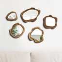 Threehoney 5 Pcs Small Decorative Acrylic Mirror Sets - Wooden Framed Asymmetrical Mid Century Modern Wall Decor for Bathroom, Kitchen, Home 